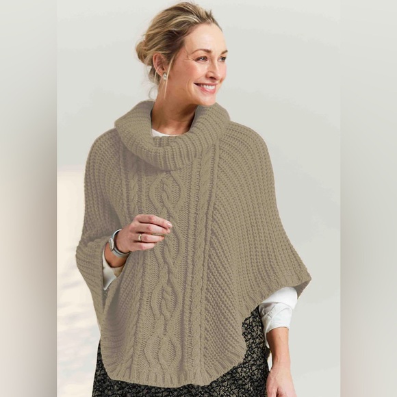 Elan Cable Knit Cowl Neck Poncho - Tan - Picture 1 of 5